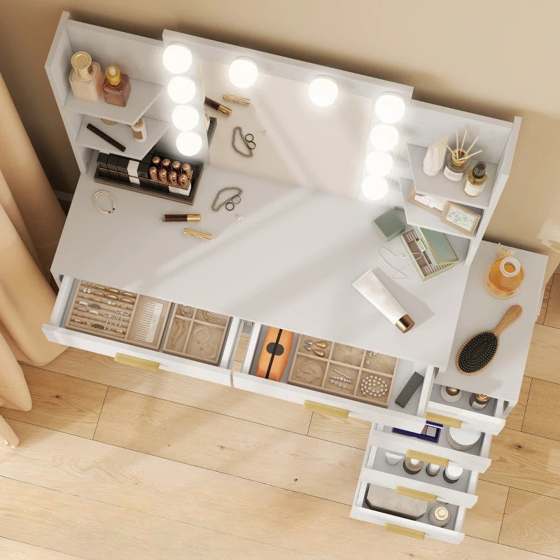 Nancy's Pontboset Kaptafel met Kruk - Make Up Tafel met Verlichting - Hollywood Spiegel - Wit - 120 x 40 x 140 cm