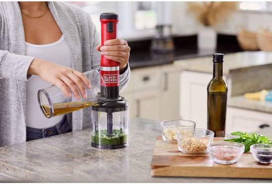 Nancy's Black & Decker Draadloze Staafmixer - Inclusief Garde, Hakmolen en Mengkom - Rood - RVS