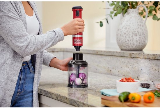 Nancy's Black & Decker Draadloze Staafmixer - Inclusief Garde, Hakmolen en Mengkom - Rood - RVS