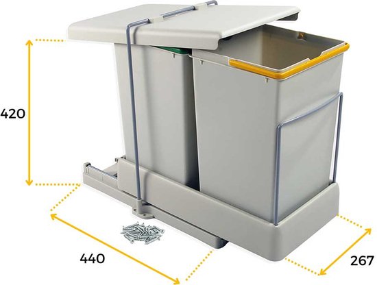 Nancy's Emuca Inbouw Prullenbak - Afvalemmer - Afvalbak - 2 Containers - Uitschuifbaar - Grijs