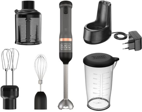 Nancy's BLACK+DECKER KitchenWand 4-in-1 Draadloze Staafmixer - Staafmixer Set - Inclusief Hakmolen en Garde - Zwart