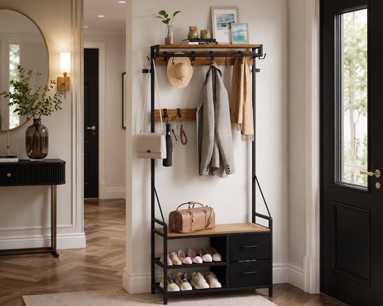 Casamoda Wandgarderobe - Garderoberek - Kapstok met Schoenenrek - Metaal / Hout - Goud Eiken / Zwart - 80 x 40 x 180 cm