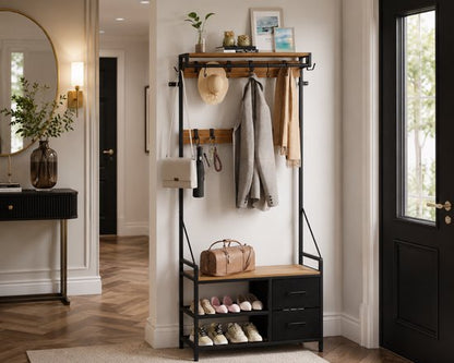 Casamoda Wandgarderobe - Garderoberek - Kapstok met Schoenenrek - Metaal / Hout - Goud Eiken / Zwart - 80 x 40 x 180 cm