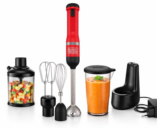 Nancy's Black & Decker Draadloze Staafmixer - Inclusief Garde, Hakmolen en Mengkom - Rood - RVS