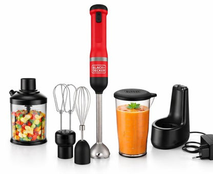 Nancy's Black & Decker Draadloze Staafmixer - Inclusief Garde, Hakmolen en Mengkom - Rood - RVS