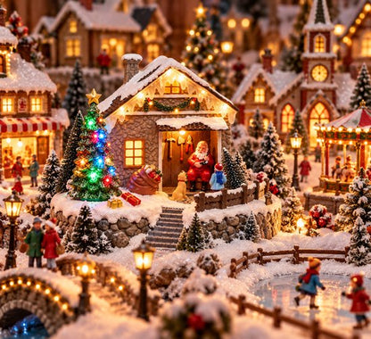 Nancy's Gxmas Kerstdorp Kersthuisje met LED Verlichting en Beweging - Kerstdecoratie - Kerstman met Kerstboom - Kerstversiering op batterijen - Kerstdorp decoratie