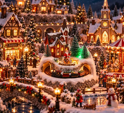 Nancy's Gxmas Kerstdorp met Rijdende Trein - Kerstdecoratie - Bewegend Kerstdorp met Kerk en Kerstman - Kersthuisjes - LED Verlichting en Muziek
