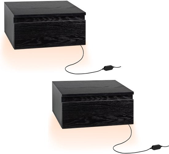 Casamoda Zwevend Nachtkastje - Set van 2 - Verstelbare LED-Verlichting - Zwart - ± 40 x 35 x 20 cm