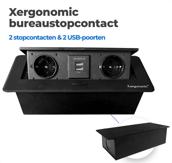 Prise de bureau Xergonomic avec 2 prises et 2 ports USB Noir