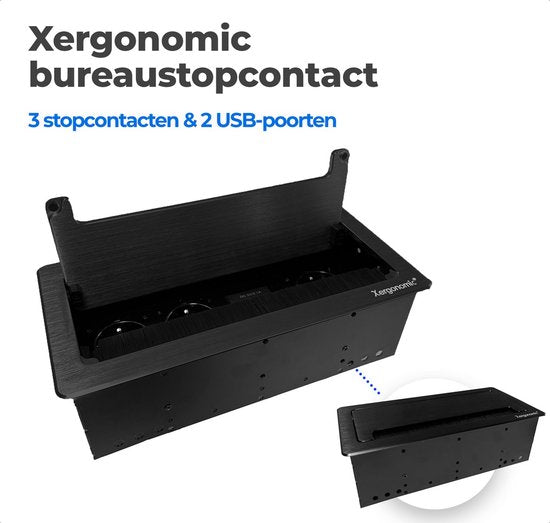 Prise de bureau Xergonomic avec 3 prises et 2 ports USB Noir