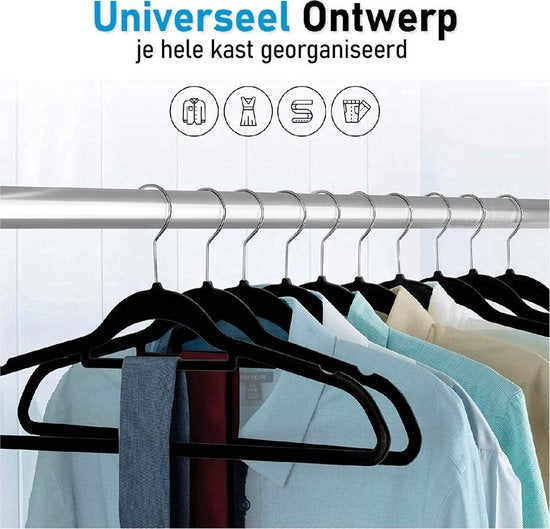 Nancy's Eleganca Kledinghangers - Set van 50 - Kleerhangers - Met Broeklat - Ansi-slip - Zwart - Kunststof