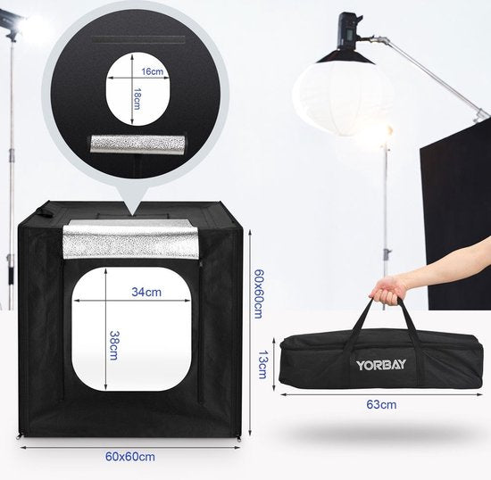 Yorbay Fotobox Fotostudio Met Dimbare LED-verlichting - 4 Achtergrondfolies - Zwart - 60 x 60 x 60cm