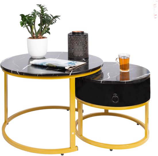 Casamoda Salontafel set van 2 - Bijzettafels Rond - Goud/Zwart Marmer - Ø 70/50 cm