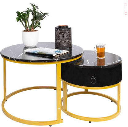 Casamoda Salontafel set van 2 - Bijzettafels Rond - Goud/Zwart Marmer - Ø 70/50 cm