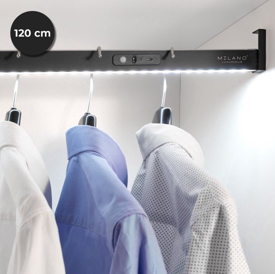 Milano Luxurious Tringle à vêtements avec éclairage LED et détecteur de mouvement 120 cm - rechargeable - noir