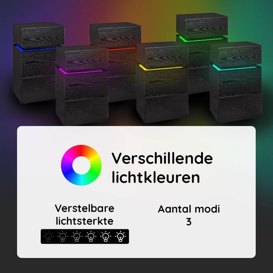 Casamoda Hoog Nachtkastje voor Boxspring - Ladekastje - 3 Lades - Verstelbare RGB LED-Verlichting - Zwart - 40 x 35 x 70 cm