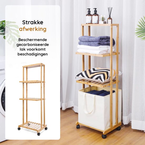 Nancy's Eleganca Wassorteerder 3 Vakken - Wasmand - Met Wieltjes - Bamboe - ± 40 x 35 x 120 cm