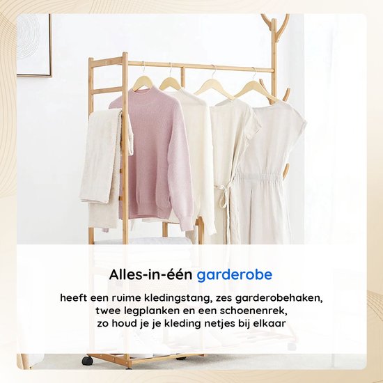 Eleganca Kledingrek op Wieltjes - Garderoberek - Garderobekast - Bamboe - 100 x 38 x 176 cm