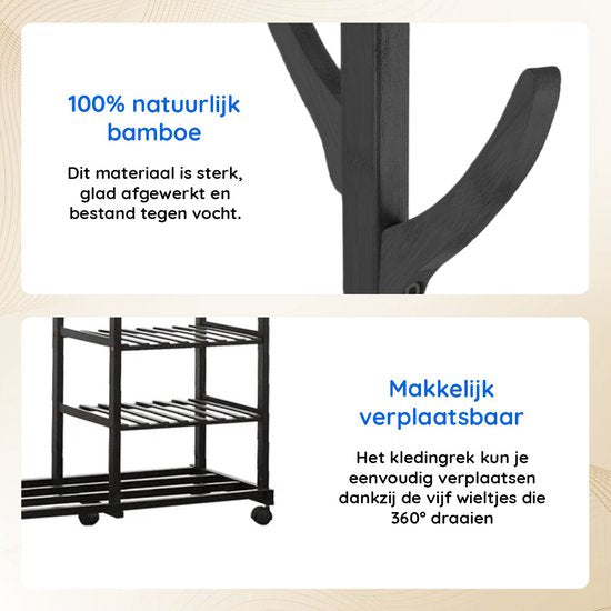 Eleganca Kledingrek op Wieltjes - Garderoberek - Garderobekast - Bamboe - Zwart - 100 x 38 x 176 cm