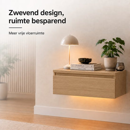 Casamoda Nachtkastje set van 2 - Zwevend nachtkastje met lade - LED-Verlichting - Eiken - 40 x 35 x 18 cm