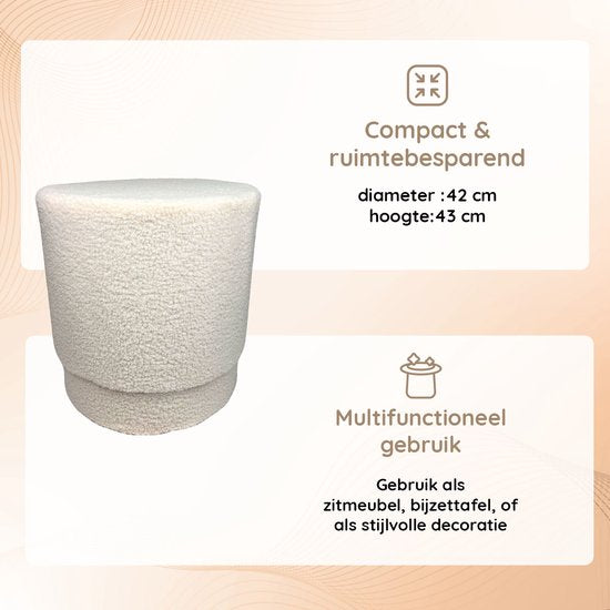 Casamoda Teddy Poef - Krukje - Rond - Off White - Ø 42 x 43 cm