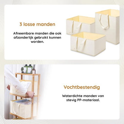 Nancy's Eleganca Wassorteerder 3 Vakken - Wasmand - Met Wieltjes - Bamboe - ± 40 x 35 x 120 cm