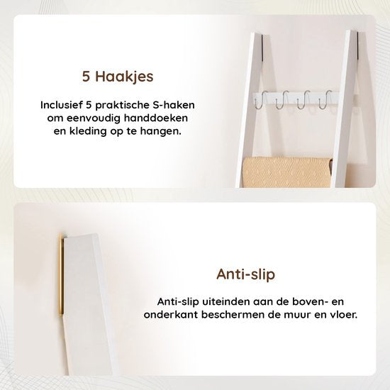 Nancy's Eleganca Handdoekladder - Handdoekrek - ecoratieve Ladder met 5 Ophanghaakjes - Wit - Bamboe - 60 x 170 cm