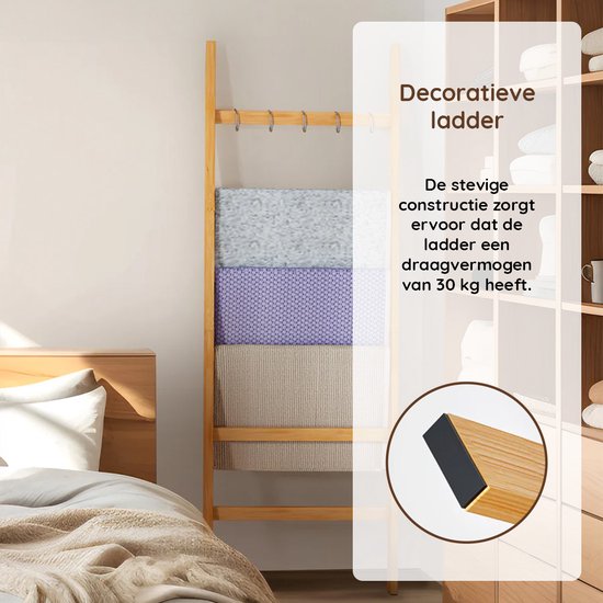 Nancy's Eleganca Handdoekladder - Handdoekrek - Decoratieve Ladder met 5 Ophanghaakjes - Bamboe - 60 x 170 cm
