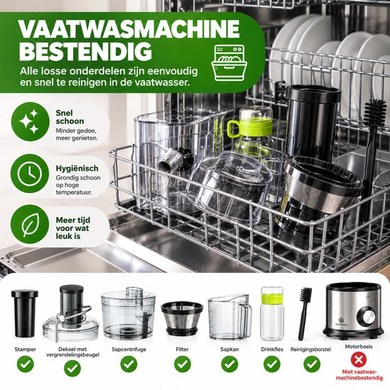 Nancy's Nutrilovers QUICK-JUICER PRO Slowjuicer - Sapcentrifuge - Citruspers - Keukenmachine - 800W - 2 snelheden - RVS - BPA Vrij