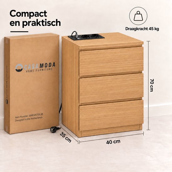 Casamoda Extra Hoog Nachtkastje voor Boxspring - 3 lades - Stopcontact met 1x USB-C en 1x USB-A - Bijzettafel - Goud Eiken - 40 x 35 x 70 cm