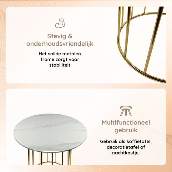 Casamoda Bijzettafel - Salontafel - Gouden Frame - Marmer - Stenen Tafelblad Rond - Wit - Ø 60 x 70 cm