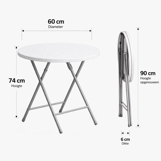 Nancy's Bardi Inklapbare Tafel - Balkontafel - Campingtafel - Vouwtafel - Klaptafel - Rond - Wit- Ø60 x 74cm
