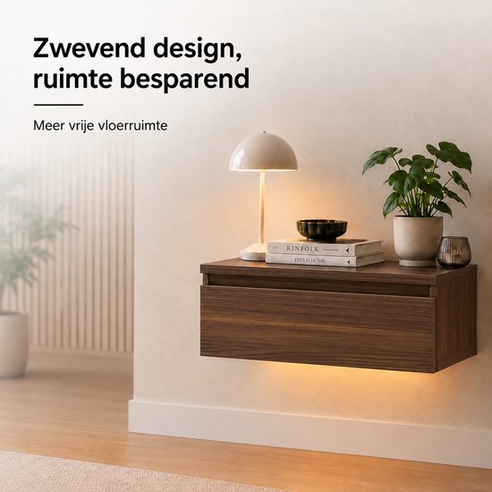 Casamoda Nachtkastje set van 2 - Zwevend nachtkastje met lade - LED-Verlichting - Walnoot - 40 x 35 x 18 cm
