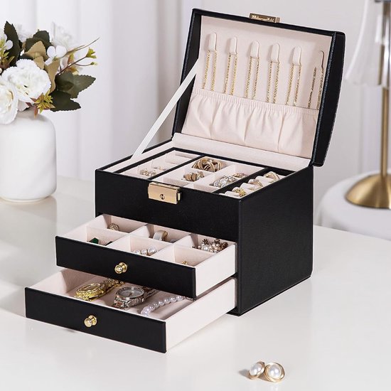 Nancy's Eleganca Sieradendoos - Sieraden kistje - Juwelenkistje - Sieradenhouder met 3 Lades - Opbergdoos voor sieraden - Zwart - Leer