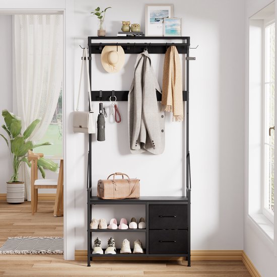 Casamoda Wandgarderobe - Garderoberek - Kapstok met Schoenenrek - Metaal / Hout - Zwart - 80 x 40 x 180 cm