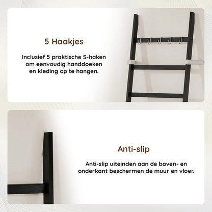 Nancy's Eleganca Handdoekladder - Handdoekrek - Decoratieve Ladder met 5 Ophanghaakjes - Zwart - Bamboe - 60 x 170 cm