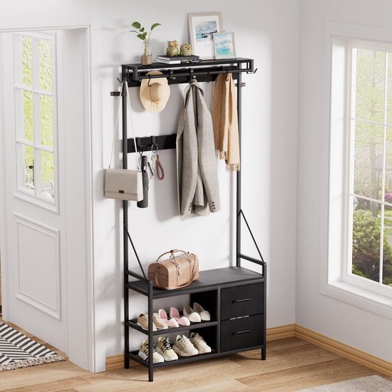Casamoda Wandgarderobe - Garderoberek - Kapstok met Schoenenrek - Metaal / Hout - Zwart - 80 x 40 x 180 cm