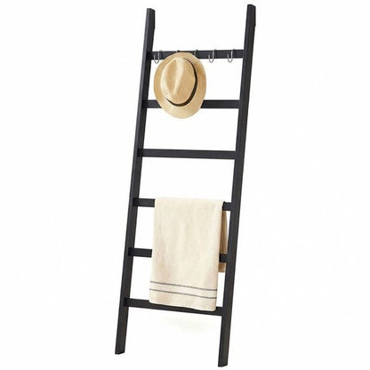 Nancy's Eleganca Handdoekladder - Handdoekrek - Decoratieve Ladder met 5 Ophanghaakjes - Zwart - Bamboe - 60 x 170 cm