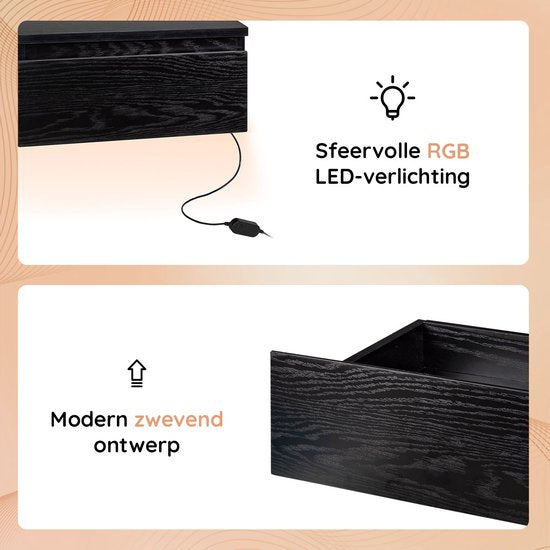 Casamoda Zwevend Nachtkastje - Set van 2 - Verstelbare LED-Verlichting - Zwart - ± 40 x 35 x 20 cm