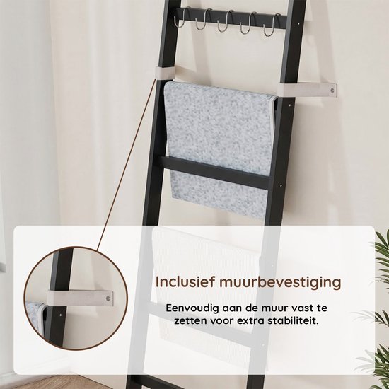 Nancy's Eleganca Handdoekladder - Handdoekrek - Decoratieve Ladder met 5 Ophanghaakjes - Zwart - Bamboe - 60 x 170 cm