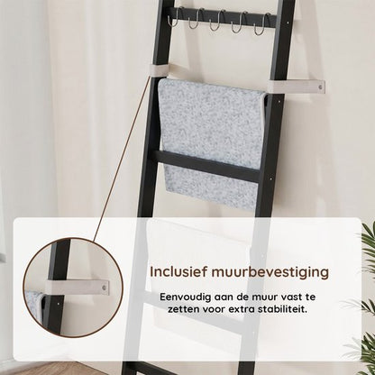 Nancy's Eleganca Handdoekladder - Handdoekrek - Decoratieve Ladder met 5 Ophanghaakjes - Zwart - Bamboe - 60 x 170 cm