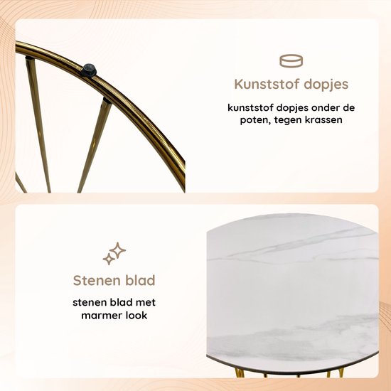 Casamoda Bijzettafel - Salontafel - Gouden Frame - Marmer - Stenen Tafelblad Rond - Wit - Ø 60 x 70 cm