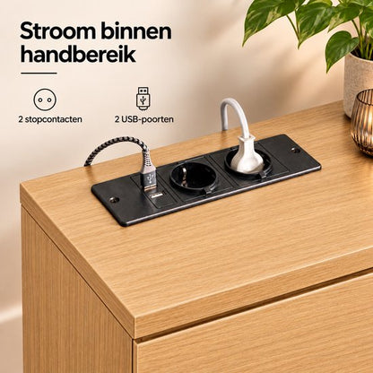 Casamoda Extra Hoog Nachtkastje voor Boxspring - 3 lades - Stopcontact met 1x USB-C en 1x USB-A - Bijzettafel - Goud Eiken - 40 x 35 x 70 cm