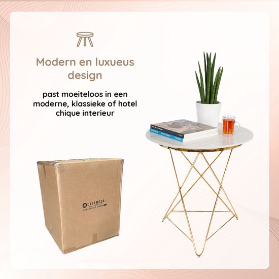 Casamoda Bijzettafel - Salontafel - Gouden Frame - Marmer - Stenen Tafelblad Rond - Wit - ± Ø 60 x 60 cm