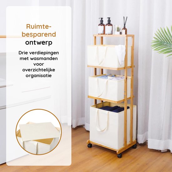 Nancy's Eleganca Wassorteerder 3 Vakken - Wasmand - Met Wieltjes - Bamboe - ± 40 x 35 x 120 cm