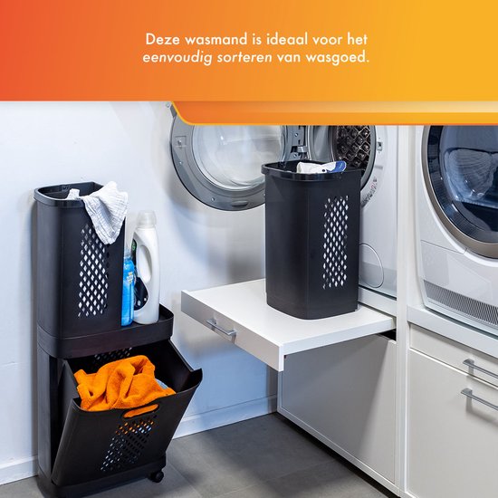 Eleganca 3-in-1 Wasmand - Wassorteerder - Wasmand op Wielen - Zwart - 124 Liter - ± 30 x 45 x 90 cm