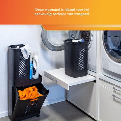 Eleganca 3-in-1 Wasmand - Wassorteerder - Wasmand op Wielen - Zwart - 124 Liter - ± 30 x 45 x 90 cm