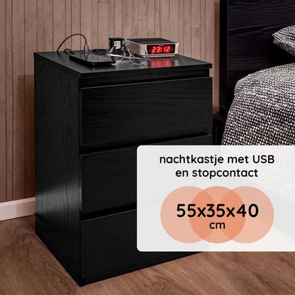 Casamoda Nachtkastje met Stopcontact en USB-Aansluiting - Ladekastje - 3 Lades - Zwart - 40 x 35 x 55 cm