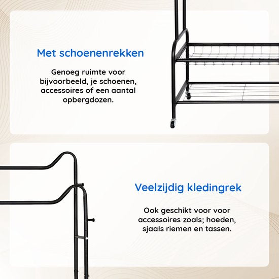Eleganca Kledingrek - Kledingstang - Garderoberek - 2 Stangen en 4 Ophanghaken - Zwart - Staal - 150 x 45 x 170 cm