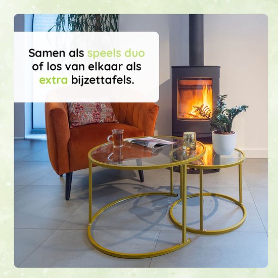 Casamoda Salontafel set van 2 - Bijzettafels Rond - Glas - Goud - Ø 70/50 cm